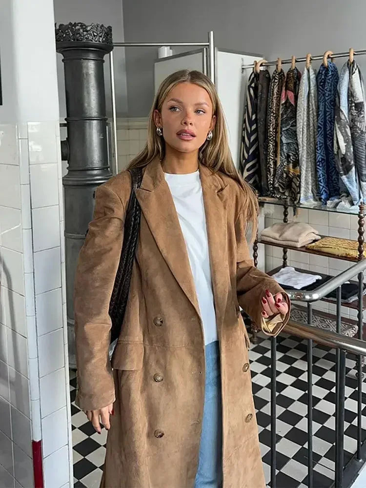 maoxiangshop  -  Women Fashion Solid Long Windbreaker Jacket Casual Lapel Double Breasted With Pocket Coat 2024 Autumn Winter Commute Outcoat