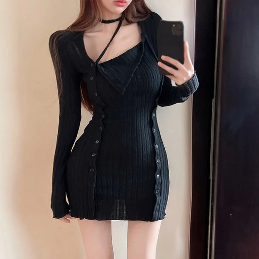 maoxiangshop Autumn And Winter  Irregular Knit Dress For Women Sexy Fashion New Collar Show Slim Waist Dresses Ins