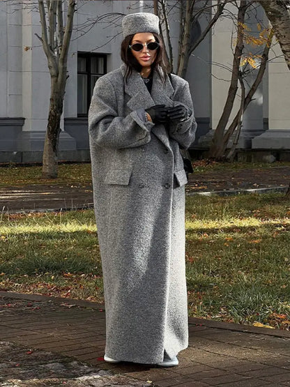 maoxiangshop  -  Fashion Grey Lapel Long Woolen Coats Women Double-breasted Pockets Long Sleeves Overcoat 2024 Autumn Lady Street Outerwear