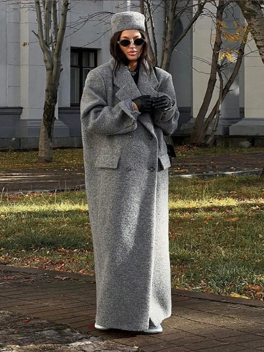 maoxiangshop  -  Fashion Grey Lapel Long Woolen Coats Women Double-breasted Pockets Long Sleeves Overcoat 2024 Autumn Lady Street Outerwear