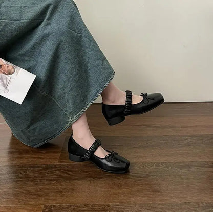 maoxiangshop  -  Korean Style Retro Mary Jane Shoes Square Toe Women's Shoes Bowknot PU Ballet Flats Spring/Autumn Flats Women Shoes