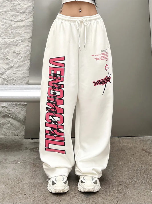 maoxiangshopDeeptown Korean Y2K White Sweatpants Women Streetwear Kpop Letter Print Sports Pants Oversized Hip Hop Wide Leg Jogging Trousers