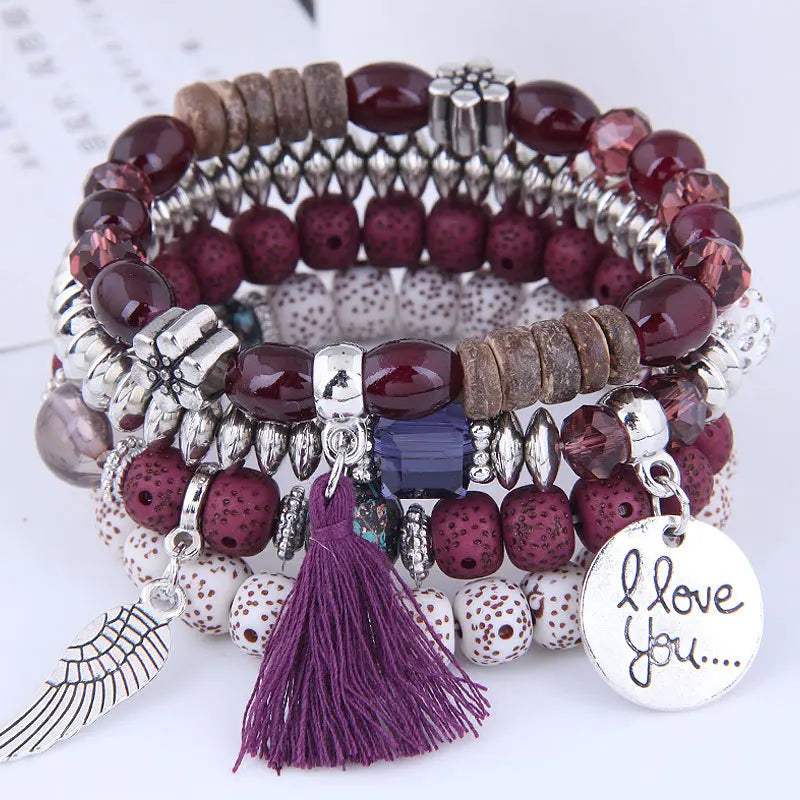 maoxiangshop Valentines Day Bohemian Multicolor Pink Crystal Beads Bracelets Women Girls Elastic Tassel Wing Letters Rope Bracelet Pulseira Feminina