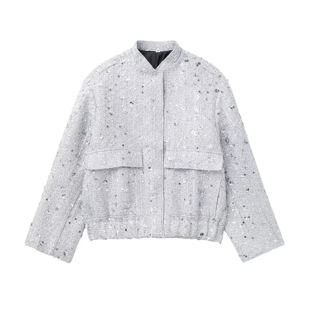 maoxiangshop  -  Women's Sequined Bomber Jacket Fall O Neck Long Sleeve Pocket Stretch Hem Sequins Jacket Coat Female Chic Outerwear