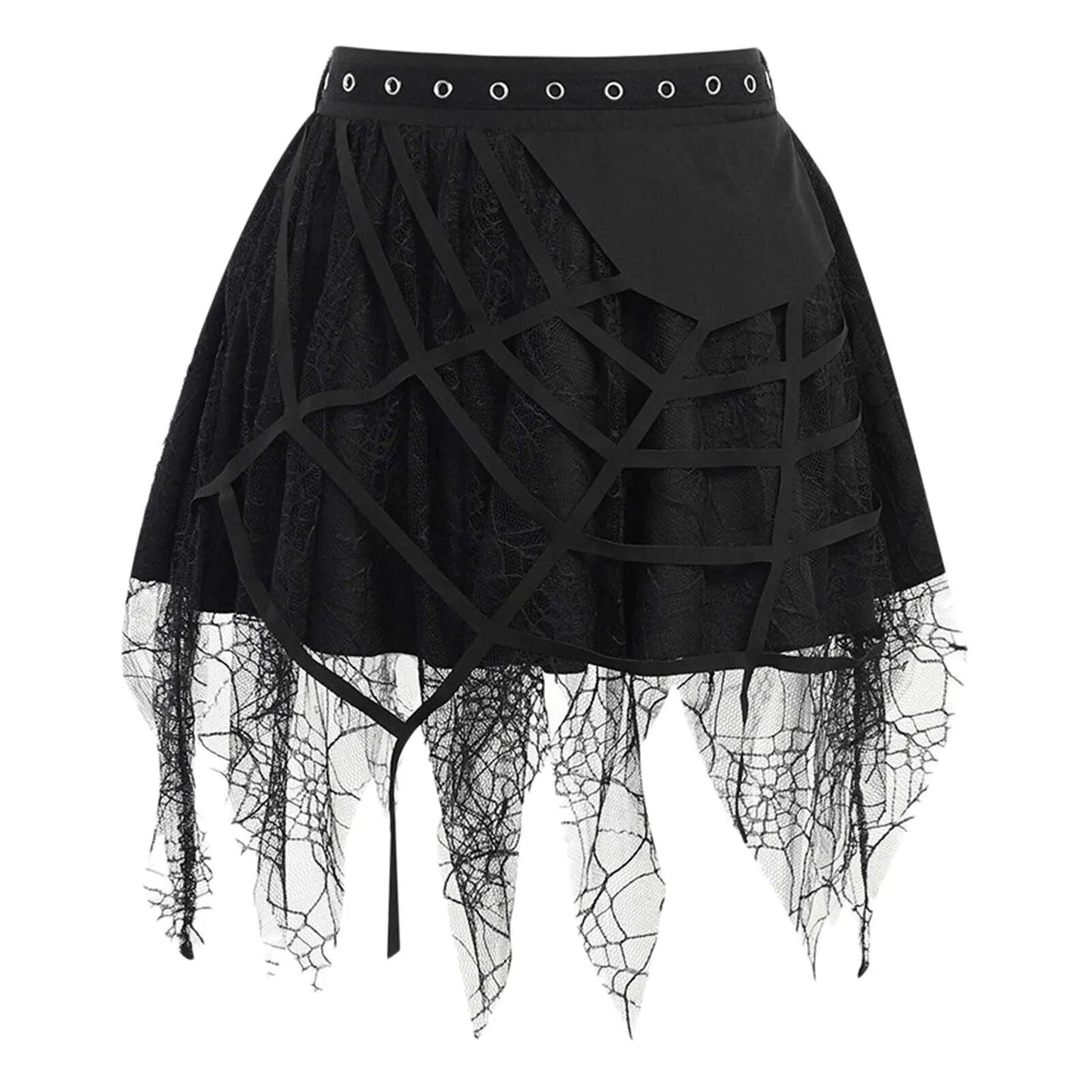 maoxiangshop Gothic Black Mesh Fringed Mini Skirt Women Spider Web Lace Irregular Dark Skirts Pleated Y2K Grunge Halloween Party Clothes