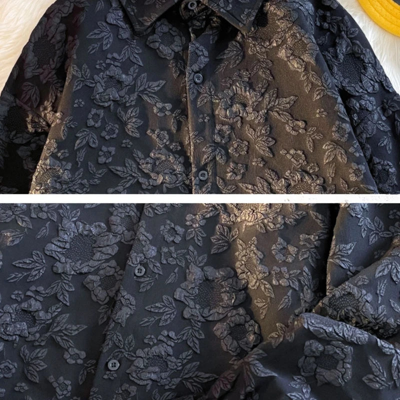 maoxiangshop Shirts Men Floral Japanese Style Fashion Loose Pleated Long Sleeve Vibe All-match High Street Youthful Cool Designed Vintage