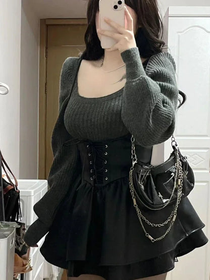 New High Waist Leather Black Mini Dress + Casual Knitted Sweater Elegant Clohting Woman Korean Fashion Suit Design Chic