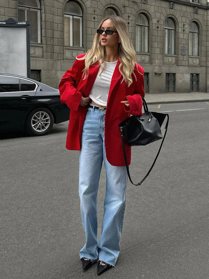 maoxiangshop  -  Autumn Red Fashion Blazer Women 2024 New Single Breasted Long Sleeve Pockets Outerwear Streetwear Fashion Casual Jackets Female