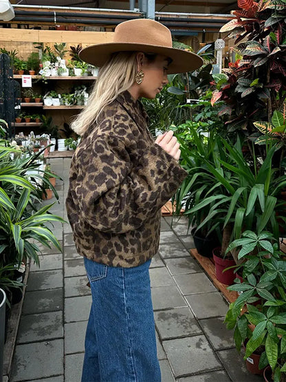 maoxiangshop -  Chic Leopard Button Short Coats For Women Elegant Long Sleeve Lapel Plush Jackets Ladies Fashion Winter High Street Outerwear