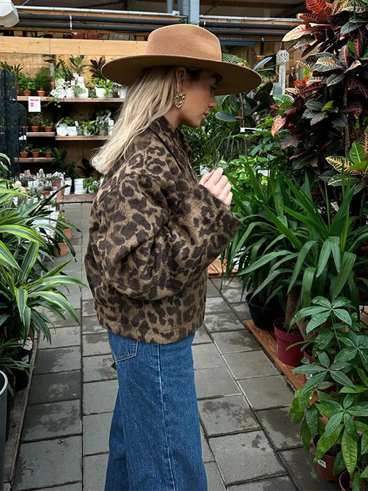 maoxiangshop -  Chic Leopard Button Short Coats For Women Elegant Long Sleeve Lapel Plush Jackets Ladies Fashion Winter High Street Outerwear