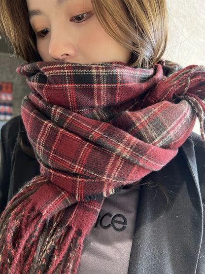 maoxiangshop New Imitation Cashmere Women Scarf Winter Preppy Style Vintage Plaid Scarve Pashmina Mujer Foulard Blanket Wrap Shawl Pareo