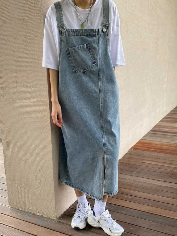 maoxiangshop Spring Summer Denim Overall Dress Women Sleeveless Jeans Dresses Fashion Female Solid Slip Casual Loose Spaghetti Strap Dresses