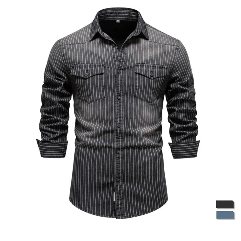 maoxiangshop Cotton Men Denim Shirts Striped Stretch Long Sleeve High Quality Jeans Shirts for Men Casual Slim Cowboy Shirts Man