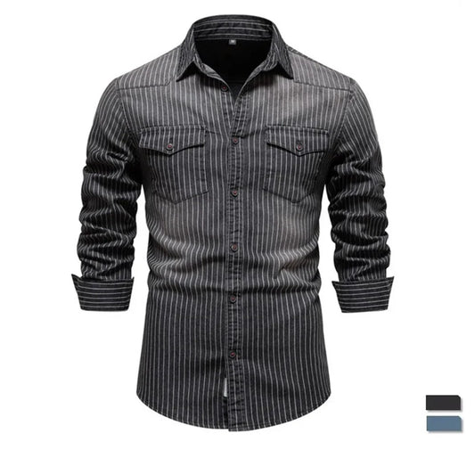 maoxiangshop Cotton Men Denim Shirts Striped Stretch Long Sleeve High Quality Jeans Shirts for Men Casual Slim Cowboy Shirts Man