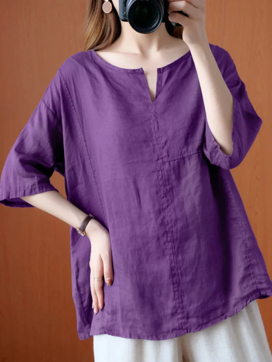 maoxiangshop Women Summer Blouse Casual Oversized Chemise Fashion Solid Vintage Half Sleeve Blusas Female O Neck Cotton Top Tunic