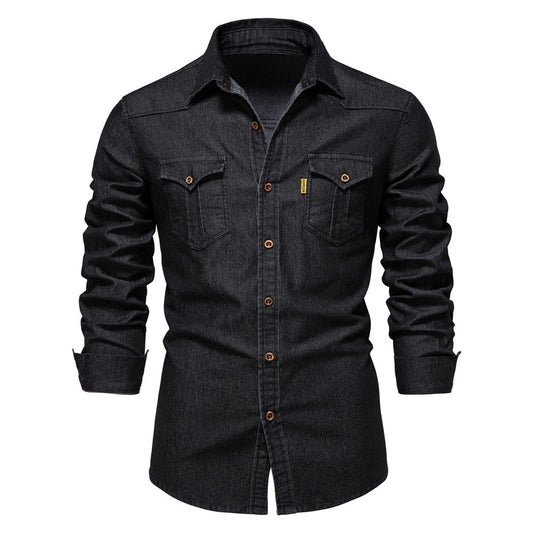 maoxiangshop Brand Elastic Cotton Denim Shirt Men Long Sleeve Quality Cowboy Shirts for Men Casual Slim Fit Mens Designer Clothing
