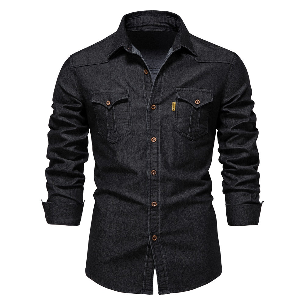 maoxiangshop Brand Elastic Cotton Denim Shirt Men Long Sleeve Quality Cowboy Shirts for Men Casual Slim Fit Mens Designer Clothing