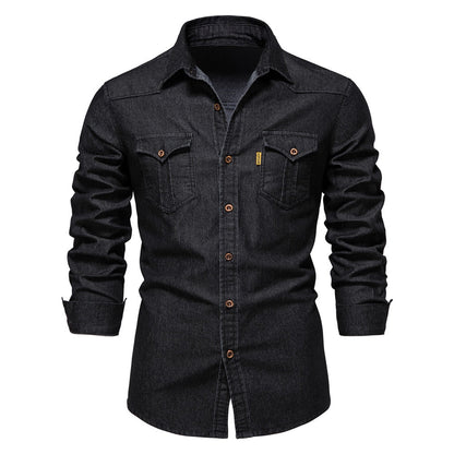 maoxiangshop Brand Elastic Cotton Denim Shirt Men Long Sleeve Quality Cowboy Shirts for Men Casual Slim Fit Mens Designer Clothing