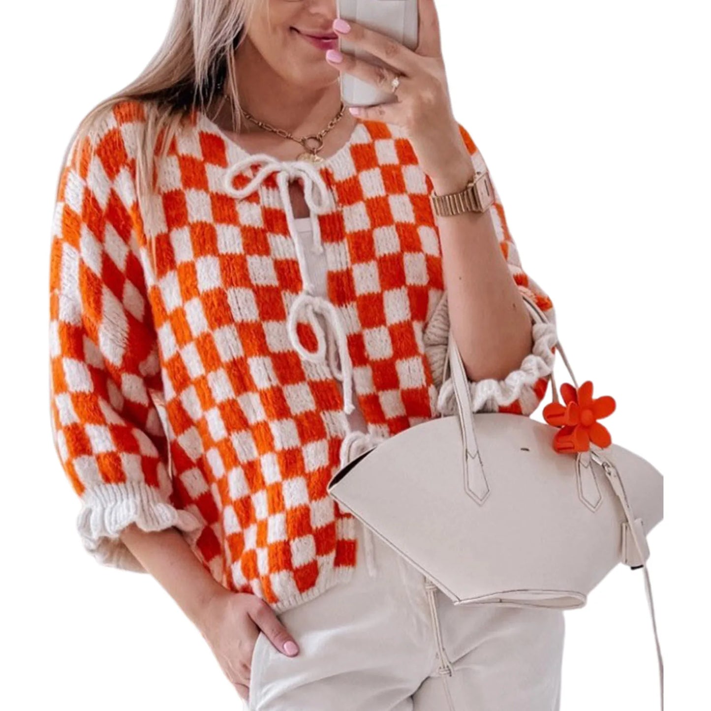 maoxiangshop  -  Women's Tie Front Knitted Cardigan New Style 2024 New Checkered Half Sleeve Sweater Casual Autumn Winter Cardigan Knitwear