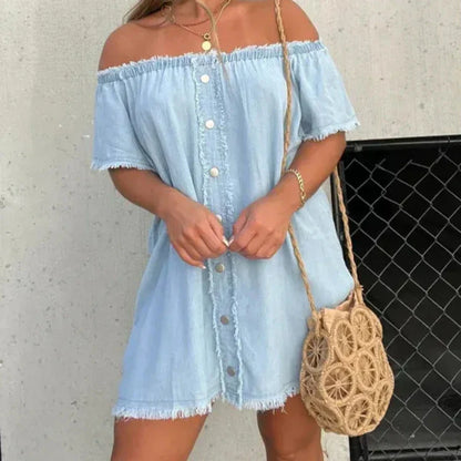 maoxiangshop Shirt Dress Denim Jeans Dresses Women Off Shoulder Slash Neck Blue Tassel Single Breasted A Line Mini Vestidos Streetwear