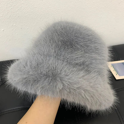 maoxiangshop y2k Fluffy Faux Fur Bucket Hat Women Rabbit Fur Warm Thick Plush Winter Hat Lady Luxury Fashion Furry Panama Fisherman Cap