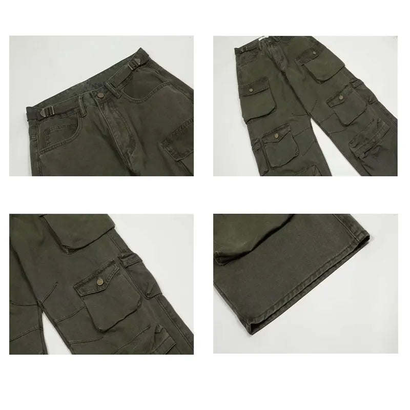 maoxiangshop Spring Cargo pants New Popular Rice White Multi-pockets Overalls Harajuku stays Men Loose Casual Trousers Straight Mopping Pants