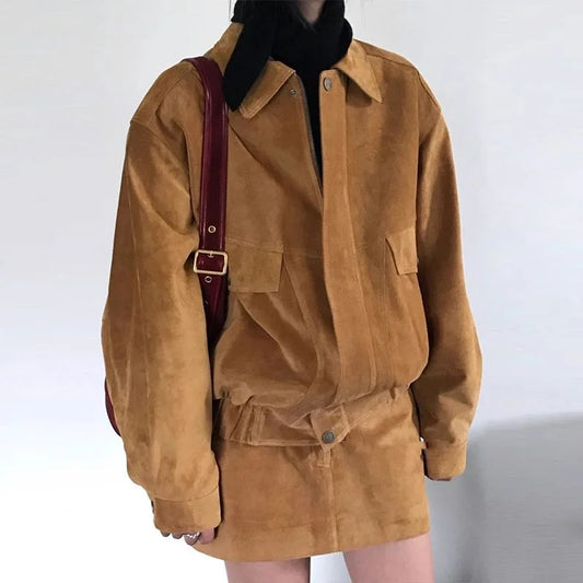 maoxiangshop  -  Autumn Vintage 2 Piece Sets Laple Neck Long Sleeve Zipper Women Baseball Jacket High Waist A-line Skirts Casual 2 Piece Outfits