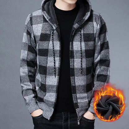 maoxiangshop Men Sweater Jacket Fashion Winter Coat Fleece Hoodies High Quality Luxury Checkered Hooded Knit Cardigan Male Outer Wear