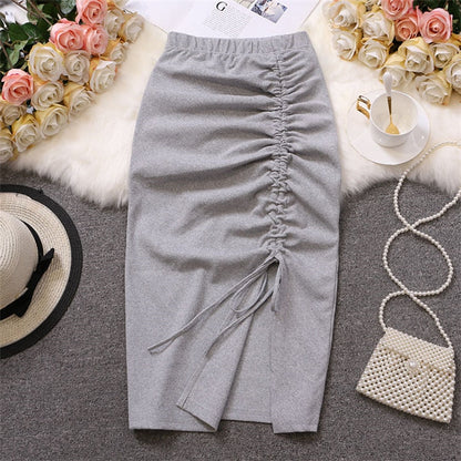 maoxiangshop Women Solid Drawstring Sheath Skirts Elastic High Waist Female Fashion Bodycon Irregular Midi Pencil Skirts