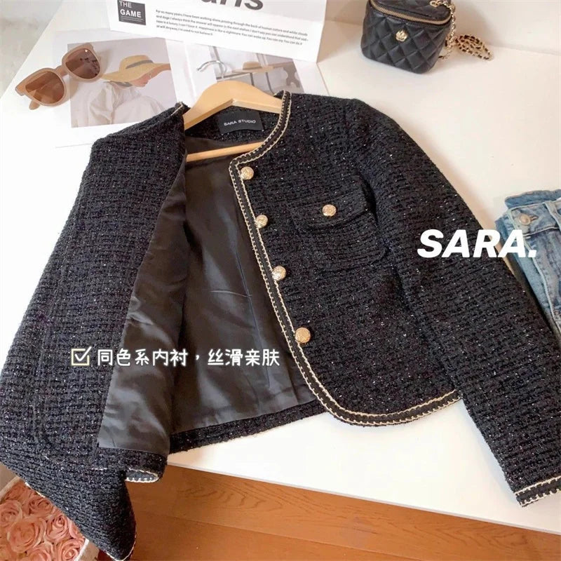 maoxiangshop High-End Warm Lining/Quilted Jacket With Small Fragrance Tweed Woven Woolen Suit For Women Autumn Winter 2024 O-Neck Short Top