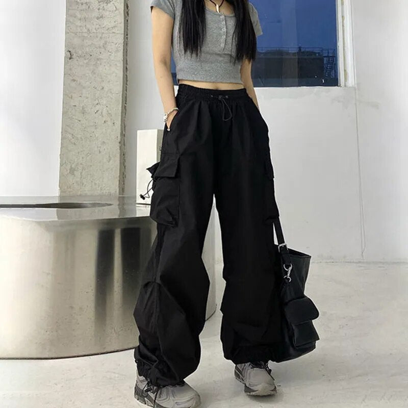 maoxiangshop Hip Hop Women Cargo Pants Streetwear All Match Y2K Wide Leg Pants Korean Elastic Waist Sweatpants Female Chic Trousers