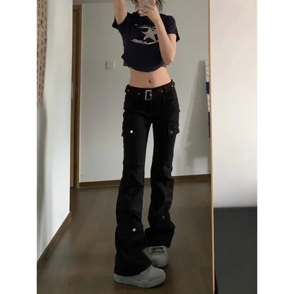 maoxiangshop  -  Y2k Streetwear Cargo Jeans Women Black Gyaru Gothic Grunge Flare Denim Pants Vintage Korean Style Tights Trousers Baddies