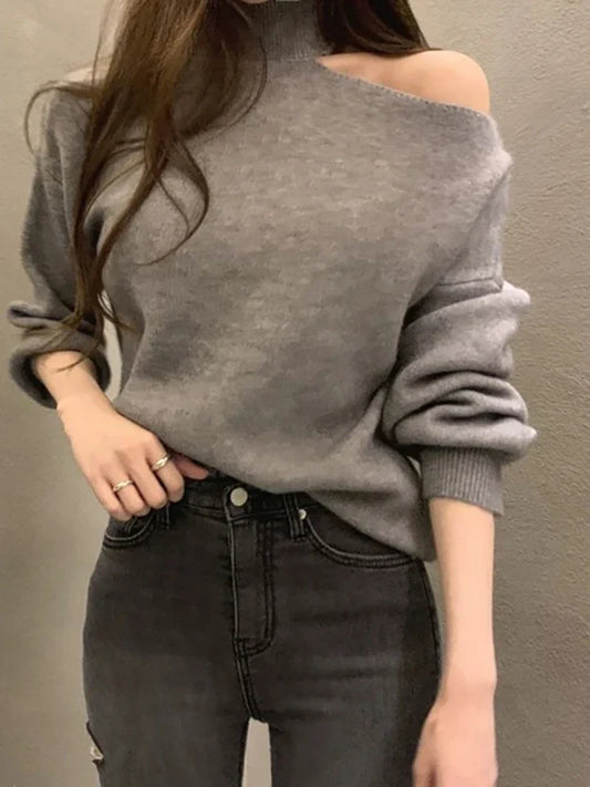 maoxiangshop 2024 Autumn Winter Women Turtleneck Sweater Oversize Warm Pullovers Sweater Long Sleeve Off Shoulder Loose Jumper