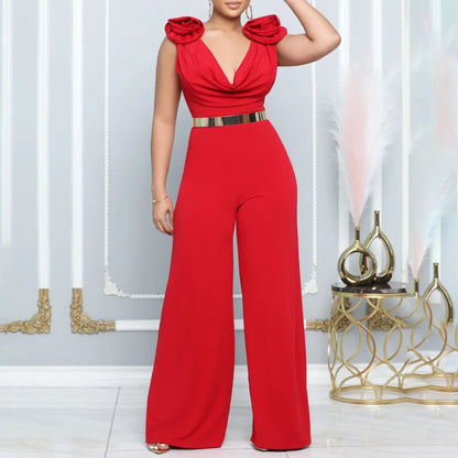 maoxiangshop Elegant Jumpsuits & Rompers for Women 2024 New V Neck Sleeveless Belt Wasited Floor Length Luxury Birthday Party Dinner Overalls