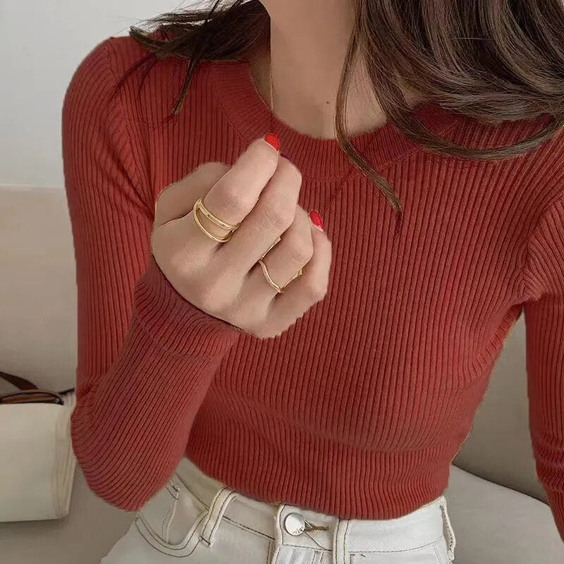 maoxiangshop Sweater Women Pullover Autumn Winter Basic Slim Fit O-Neck Knitted Sweaters Female Solid Ribbed Long Sleeve Jumpers Top