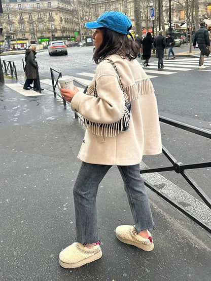 maoxiangshop -  Elegant Solid Single Breasted Tassels Coat For Woman Fashion Long Sleeve Lapel Neck Coat Lady Winter Warm Loose Street Outwear