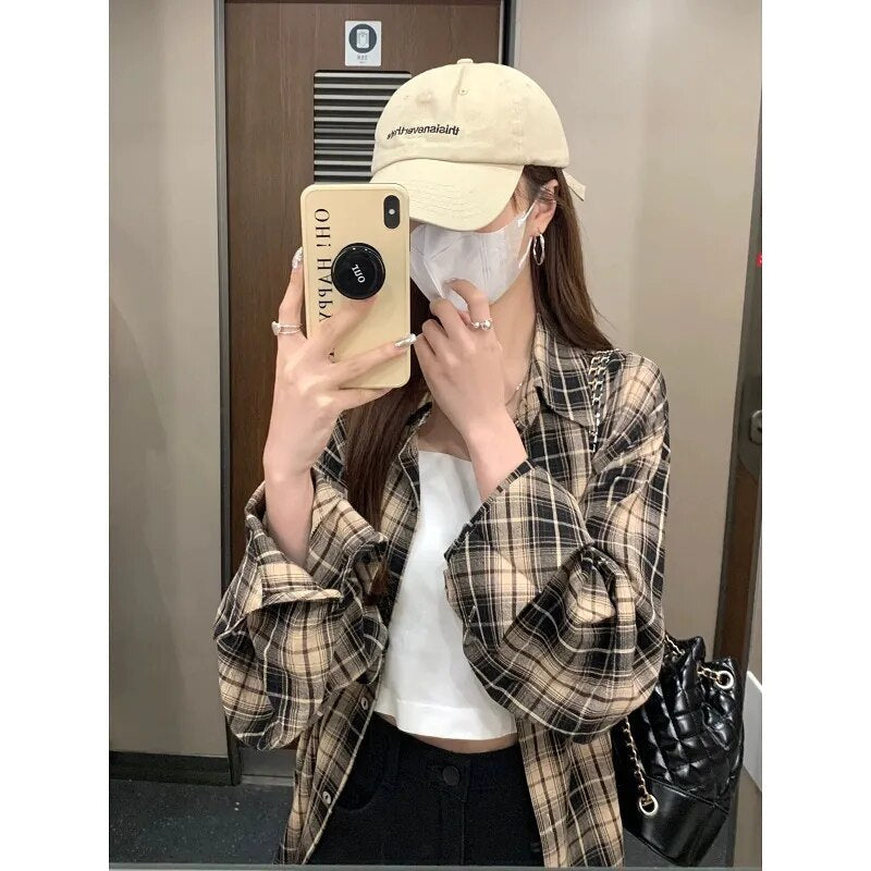 maoxiangshop Checkered Shirt for Women Button Up Collared Plaid Shirt Blouse Female Casual Outfit