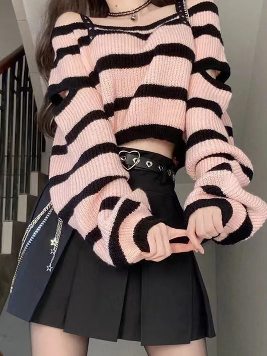 maoxiangshopSweet Off Shoulder Top Striped Knit Set Women's Spring Autumn Spicy Girls High Waist Pleated A-Line MiNi Skirt Two Piece Set Y2K