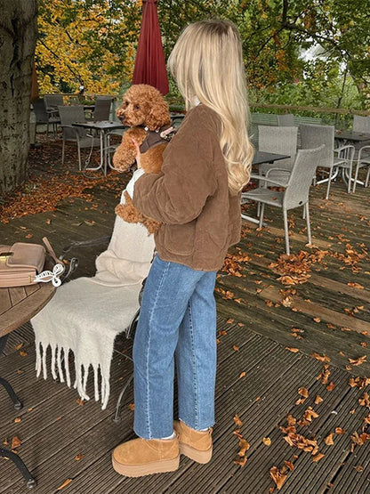 maoxiangshop  -  Vintage Brown Lace Up Women's Coats Quilted V-neck Pockets Long Sleeve Warm Jacket 2024 Autumn Winter Lady All-match Outwear