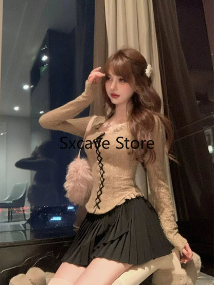 Autumn Pure Color Knitted Sweater Women Outwear Casual Long Sleeve Sexy Vintage Lace Pullovers Bodycon Y2k Blouse Korean