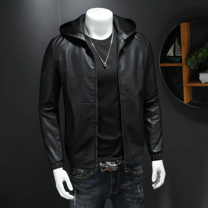maoxiangshop Hooded PU Jackets Men Biker Jacket Spring Autumn Leather Jacket Coat Male Fashion Casual Black PU Leather Coat Big Size 5XL