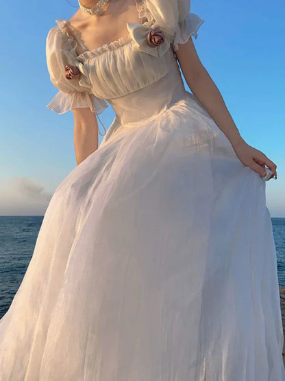 maoxiangshop-French Elegant Princess White Dress Women Sexy Backless Sweet Vintage Lolita Dress Female 2022 Korean Casual Long Fairy Dresses