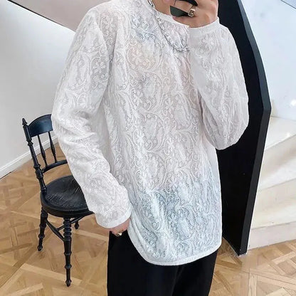 maoxiangshop French Style White Men's Wear Fashion Solid Color Jacquard Weave Tops Men's Summer Thin Style Breathable Long Sleeve T-shirt