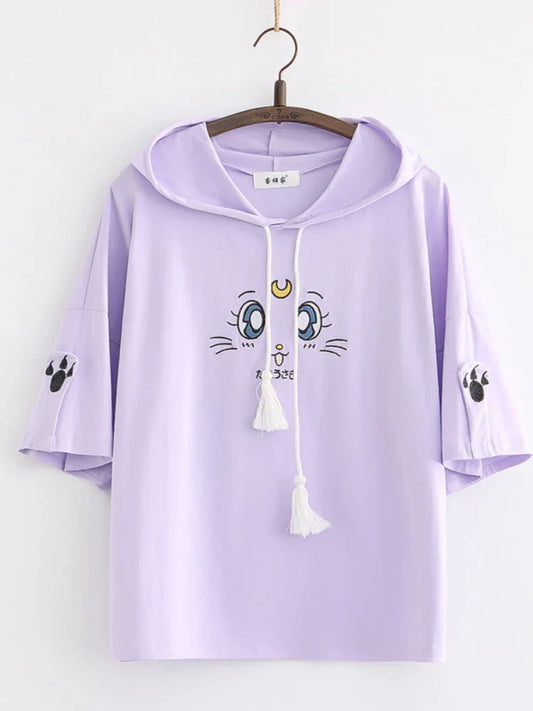 maoxiangshop Purple Cartoon Embroidery Kawaii Hoodies Cotton Hooded Sweatshirt Women Summer Sweet Style Korean Female Short Sleeve Tops