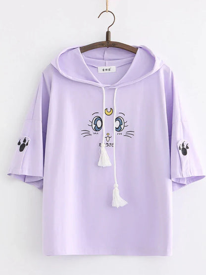 maoxiangshop Purple Cartoon Embroidery Kawaii Hoodies Cotton Hooded Sweatshirt Women Summer Sweet Style Korean Female Short Sleeve Tops