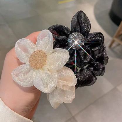 maoxiangshop New Mesh Flower Hair Ring Shine Hair Tie Korean Temperament Elastic Hair Band Hair Rope For Women Hair Accessories