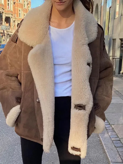 maoxiangshop  -  Winter Thick Faux Leather Spliced Jacket Women Casual Loose Long Sleeve Single Breasted Lapel Coat Winter Warm Street Streetwear