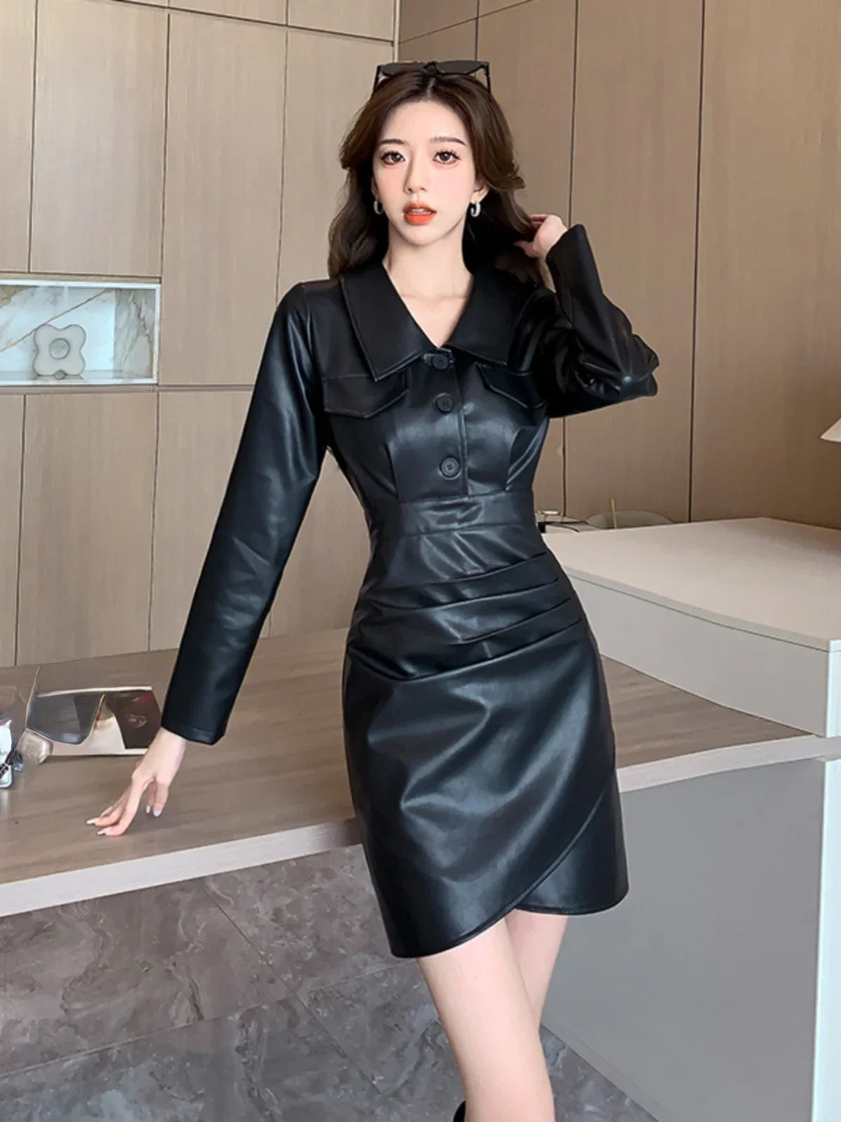 maoxiangshop Spring Fall Women High Waisted Black Pu Leather Irrgular Dress , Woman Slim Above Knee Length Pleated Dresses