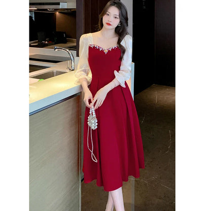 maoxiangshop Satin Luxury Elegant Dress for Wedding Women Spring Autumn Long Sleeve Bodycon Dress Korean Vintage Party Dress