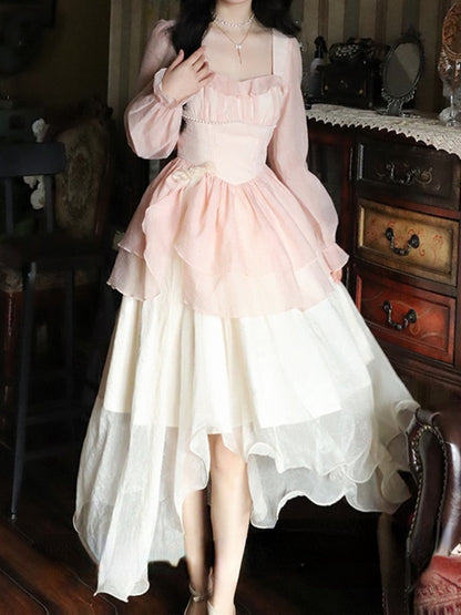 maoxiangshop French Vintage Sweet Fairy Dress Women Bow Elegant Evening Party Midi Dresses Female Long Sleeve Korean Style Dress Summer